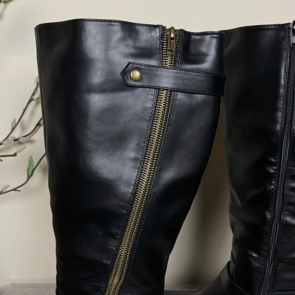 Charlotte Russe Corryn Edgy Wide-Calf Asymmetrical Gold Zipper Buckled Moto Boot - Picture 5 of 16